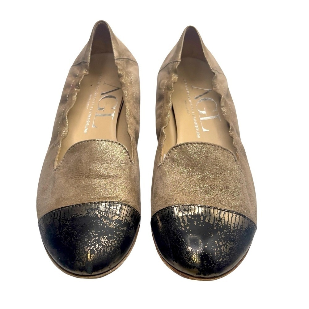 AGL Attilio Giusti Leombruni Tan Metallic Cap Toe Suede Flats EU 40.5